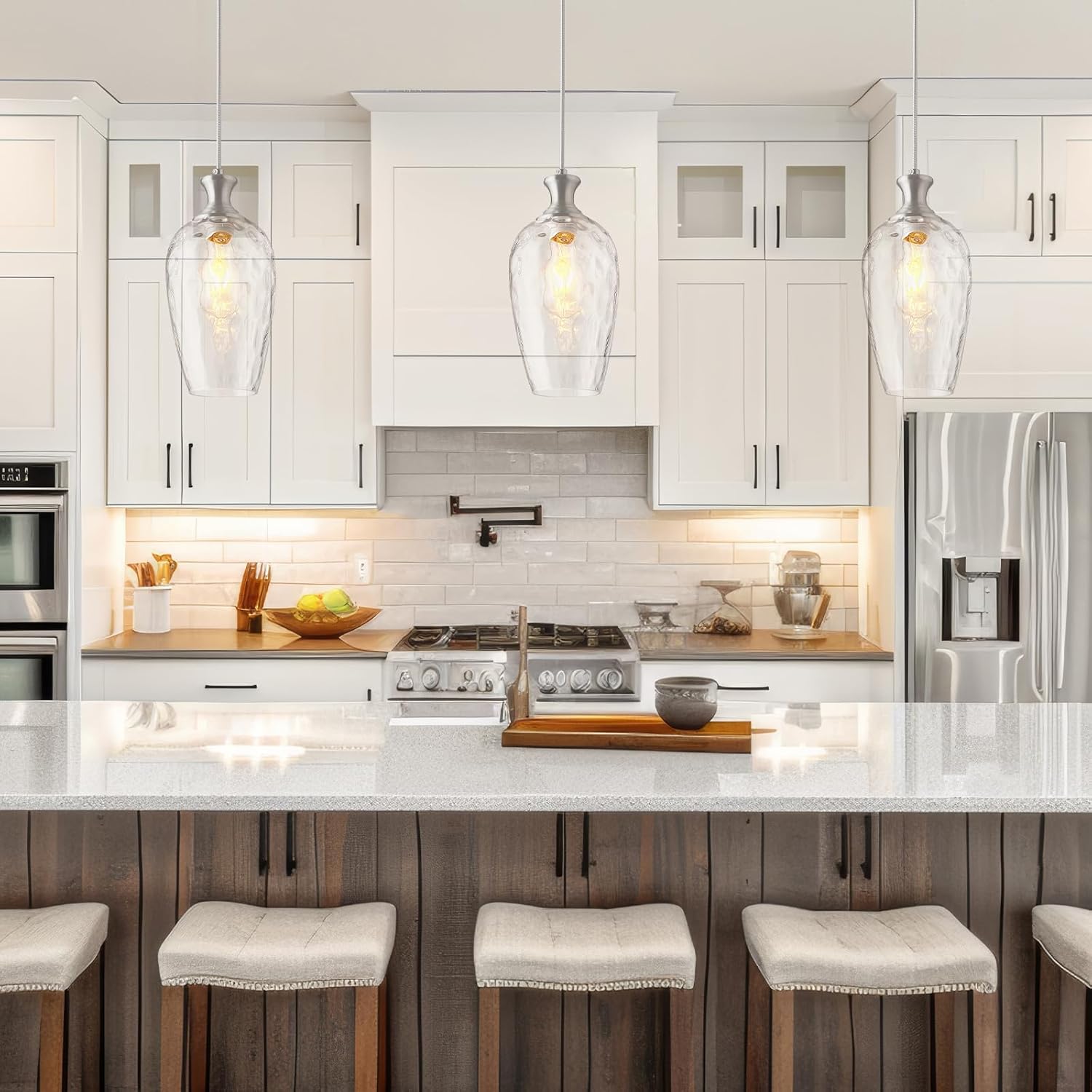 Glass Pendant Lights Kitchen Island, 1-Light Brushed Nickel Fixtures with Hand-Blown Clear Glass Modern Farmhouse Hanging Light for Kitchen Sink Dining Room Bedroom