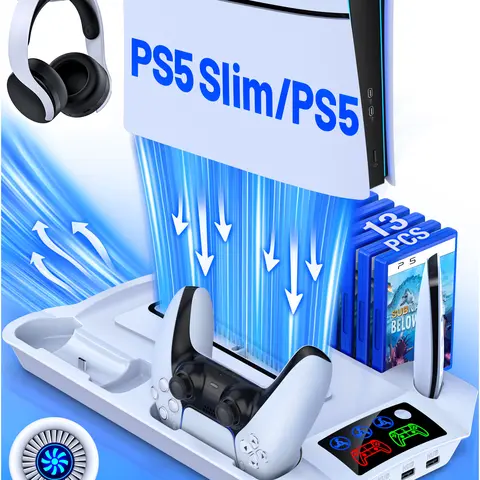 BEBONCOOL PS5 Compatible Plastic Charging & Cooling Dock Stand - Fast-Charging for Playstation 5 Slim/Pro Controllers, 3-Level Fan Adjustment, 3 USB Ports, 13 Disc Slots (Frees Game Shelf), 1 Hook, Low-Noise, Overheat Protection (White)