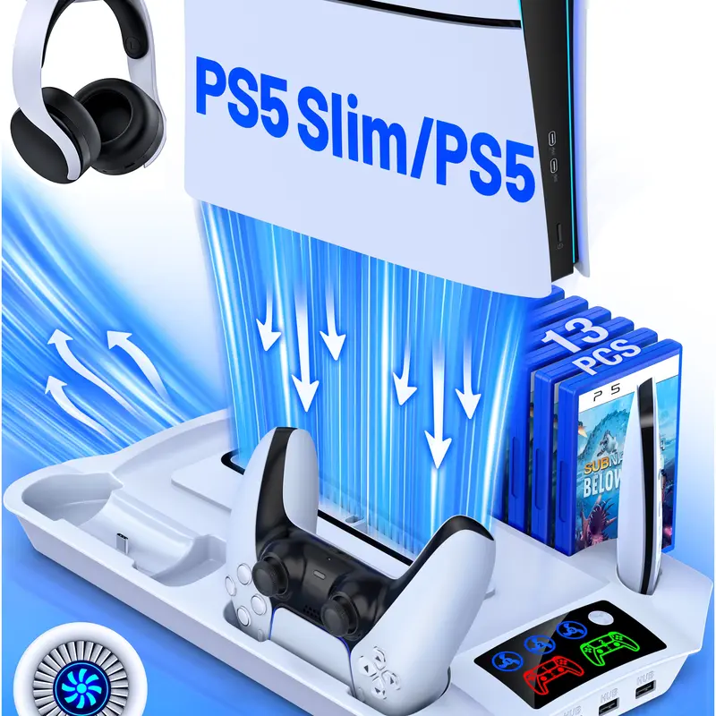 BEBONCOOL PS5 Compatible Plastic Charging & Cooling Dock Stand - Fast-Charging for Playstation 5 Slim/Pro Controllers, 3-Level Fan Adjustment, 3 USB Ports, 13 Disc Slots (Frees Game Shelf), 1 Hook, Low-Noise, Overheat Protection (White)
