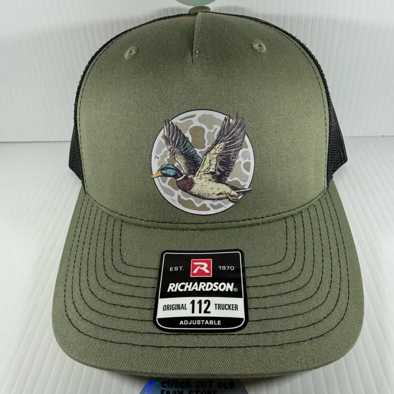 Richardson Original 112 Trucker Adjustable Hat with Duck Logo Olive Green Mesh Back