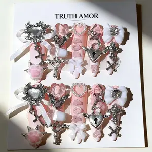 TRUTH AMOR Viral Japanese Lolita Girl Press-On Nails|Sweet Edgy Heart Bow Lock Key|Statement Rhinestone Bow Decorated|Removable Handmade Nails|Lolita Date Sweet Edgy Nails|Nails Press Ons