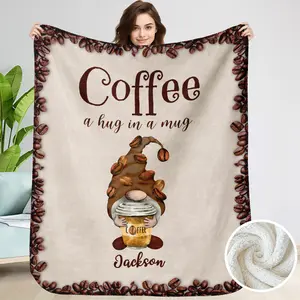 Customized Name Sherpa Blanket With Coffee A Hug In A Mug, Soft Cozy Soft Heavy Blankets for Coffee Lovers, Gift for Women, Birthday Gift