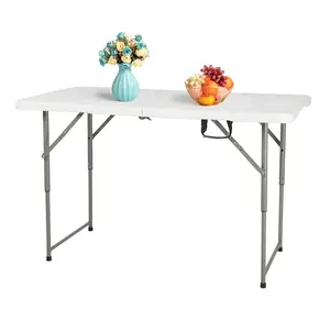 4Ft Foldable Lift Patio Table 47 Inch HDPE Adjustable Height 18.9/24/29 Inch White Top Grey Steel Legs 220LBS Capacity Space-Saving Garden Furniture