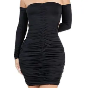 Temptation Solid Off the Shoulder Bodycon Dress - Ruched Design Women's Fashion Casual Womenswear Long Sleeve Style