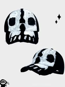 Punk Skull Graffiti Baseball Cap, Halloween Friday Party Hat, Handmade Ripped Devil Snapback, Unisex for Holidays and Cosplay
