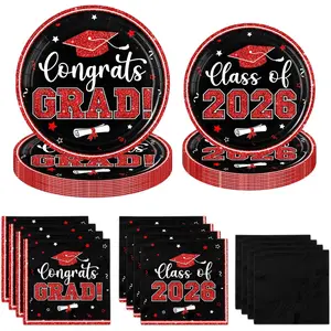 Graduation Plates and Napkins 2026,Red and Black Graduation Decorations 200pcs Graduation Paper Plates and Napkins Graduation Party Supplies for Graduation Party Decorations,Serve 50