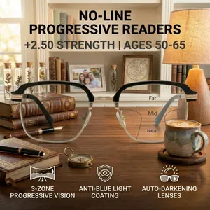 +2.50 No-Line Progressive Readers | 3-in-1 Multifocal, Photochromic & Anti-Blue Light (Fits +2.25 to +2.75)