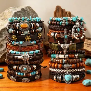 12/24Pcs Boho Western Artificial Leather Bracelets for Women Men, Wood Bead Bangles Wristbands with Bull Head, Heart Charms, Vintage Jewelry Gift And Daily Wear