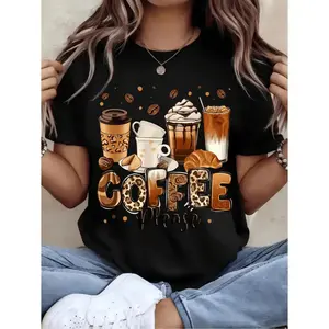 Oversized Coffee Lover Graphic T Shirt for Women Casual Short Sleeve Round Neck Top with Coffee Cup Beans and COFFEE Print Breathable Loose Fit for Spring Summer Fall