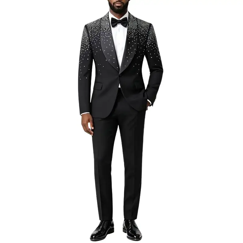 Men's Black Slim Fit Shawl Lapel Hot-Fix Rhinestone 2-Piece Suit, Formal Outfit for Wedding & Party Menswear Breathable Stylish Tuxedo