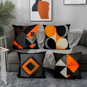 Set of 4 Pillowcases Featuring a Contemporary Abstract Geometric Design in Orange And Black, Measuring 17.7" X 17.7" with a Single-Sided Print. These Cases Do Not Include Pillows And Are Perfect for Decorating Sofas, Beds, Offices, Homes, And Cars.