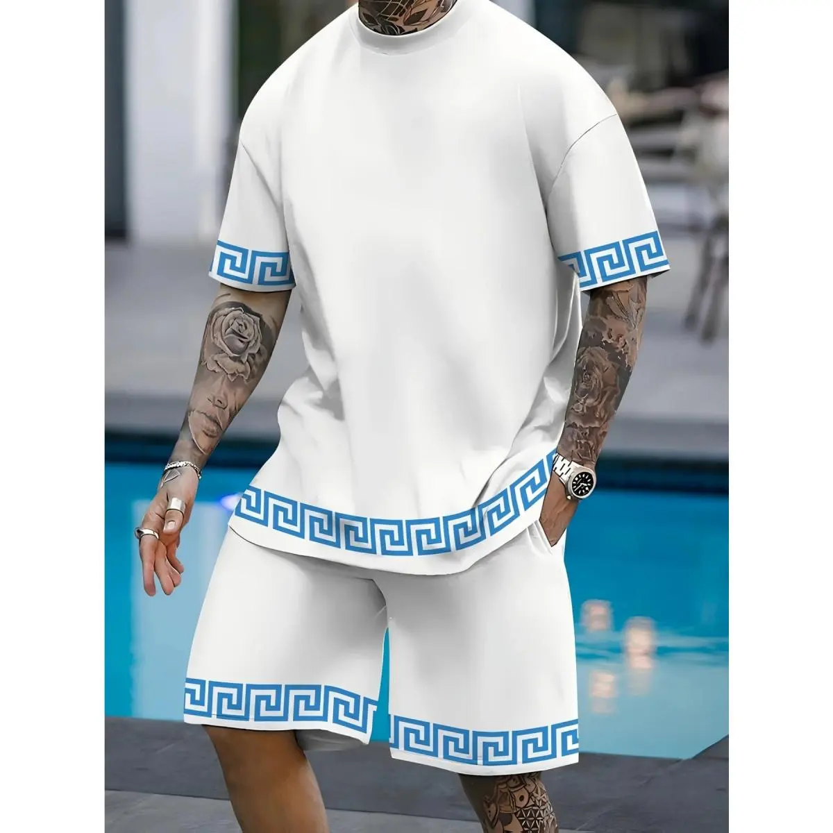Men's Casual 2-Piece Menswear Set, Stylish Geometric Print Polyester T-Shirt with Patterned Hem and Drawstring Shorts with Pockets, Clothes