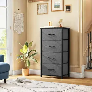 Cozeware Storage Tower with 4 Drawers - Fabric Dresser, Organizer Unit for Bedroom, Living Room, Closets - Sturdy Steel Frame, Easy Pull Fabric Bins & Wooden Top