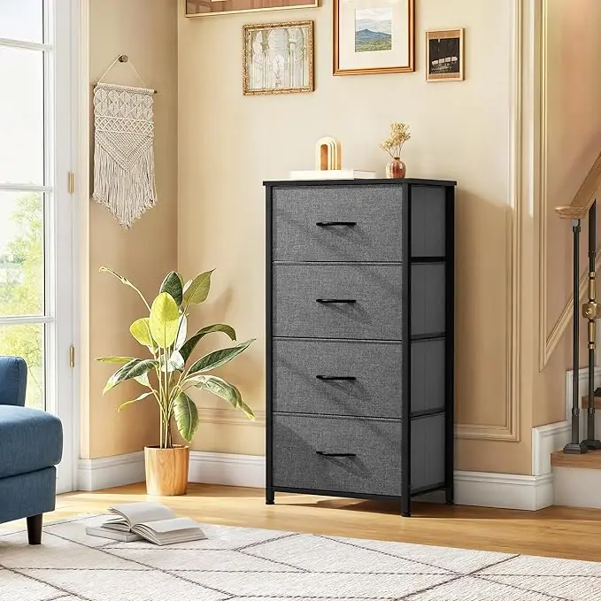 Cozeware Storage Tower with 4 Drawers - Fabric Dresser, Organizer Unit for Bedroom, Living Room, Closets - Sturdy Steel Frame, Easy Pull Fabric Bins & Wooden Top