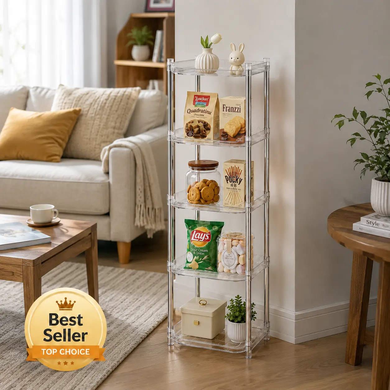 5-Tier Storage Rack Organizer, Clear Multipurpose Vertical Shelf for Shoes, Snacks & Home Essentials, Space-Saving Freestanding Organizer for Entryway, Bedroom, Bathroom, Kitchen & Living Room