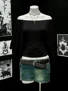 Elegant Off-Shoulder Multifunctional Ruched Puffy Sleeve Women's Chic Casual T-Shirt Top, Fitted Style, All Seasons, Plain Pattern