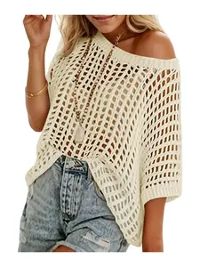 Womens Batwing Short Sleeve Crochet Sweater Tops Oversized Boat Neck Boho Knit Summer Beach Swimsuit Cover Ups