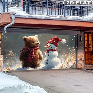 1pc Large Christmas 2D Garage Door Banner - Snowman & Bear Design, Xmas Festive Backdrops & Banners Durable Polyester, 157x71 Inches - Perfect for Indoor/ Outdoor Holiday Decorations, Cover, Party Backdrop