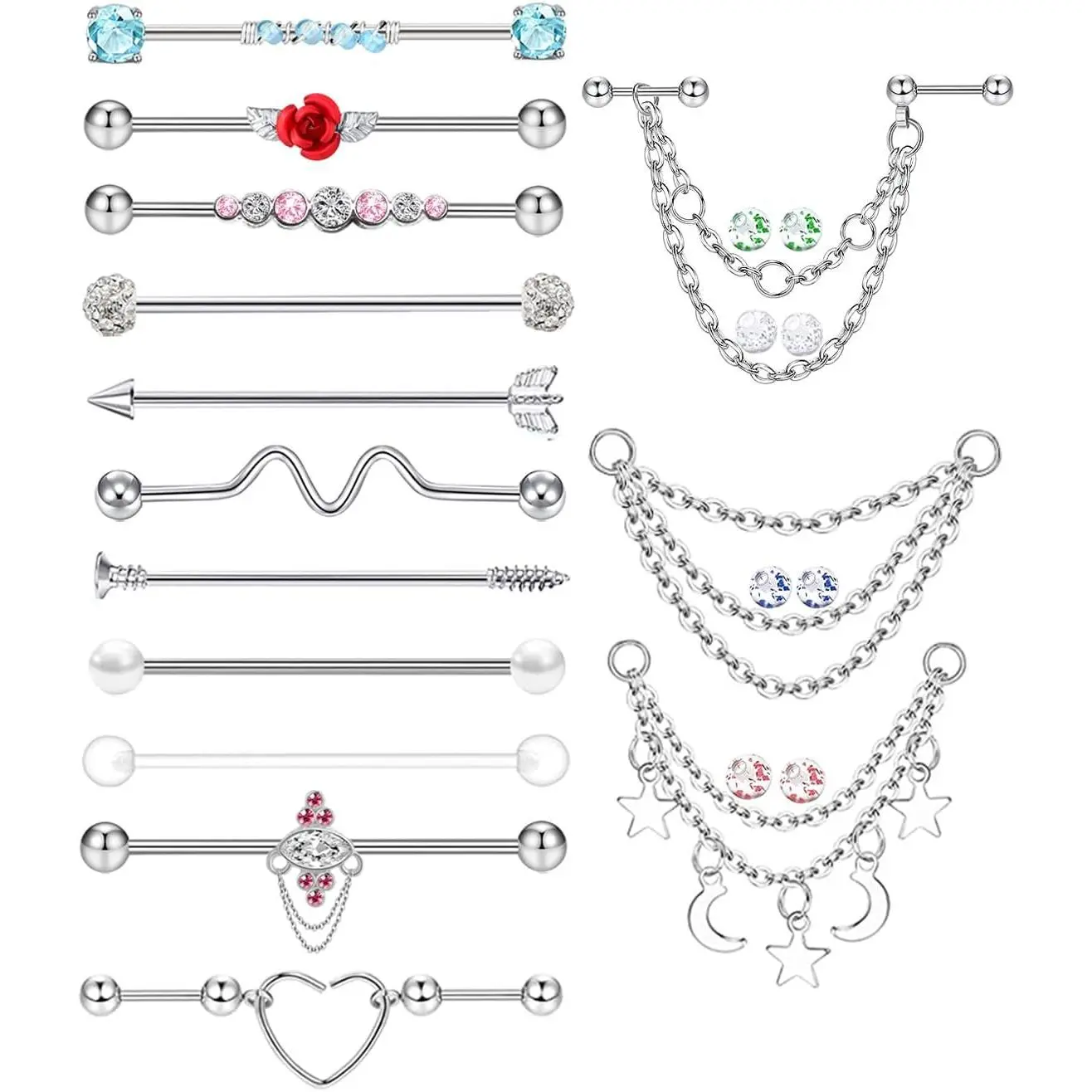 14-Piece Industrial Piercing Bar Set, 14G (1.6mm) Surgical Steel Cartilage Earrings for Women & Men, 38mm Barbell with Snake, Chain Dangle & Gem Styles