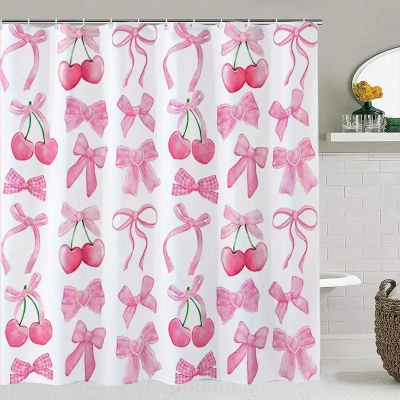 1/4 pcs Cherry and Bow pattern bathroom decoration set, Restroom Bathroom Accessories, festive design, non-slip floor mat, U-shaped rug, toilet seat cover, come with 12 shower curtain hooks, Shower Curtain Sets