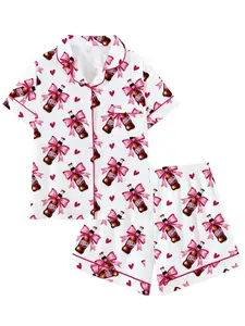 Dr Pepper Collar Short Sleeve Pajama Set, Comfortable Sleepwear, Loungewear, All-Season Loose Fit, Animal Pattern, Perfect Gift