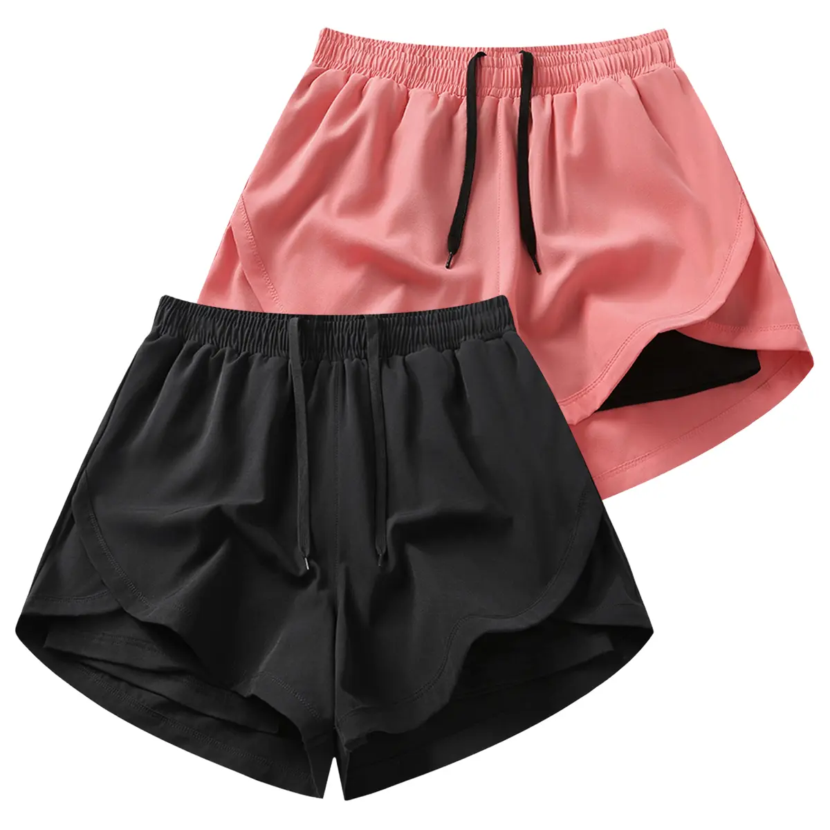 Women's 2PCS Casual Activewear Shorts, Elastic Waistband with Drawstring, Zippered Pockets - Lightweight Breathable Quick-Dry Fabric, Summer Sportswear Bottoms