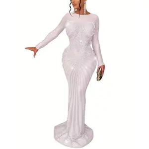 Rhinestone Mesh 2025 Long Sleeve Maxi Dress – Elegant Sheer Mesh Bodycon Fit with Rhinestone Detail for Women, Perfect for Formal Wear with Sparkly Fabric