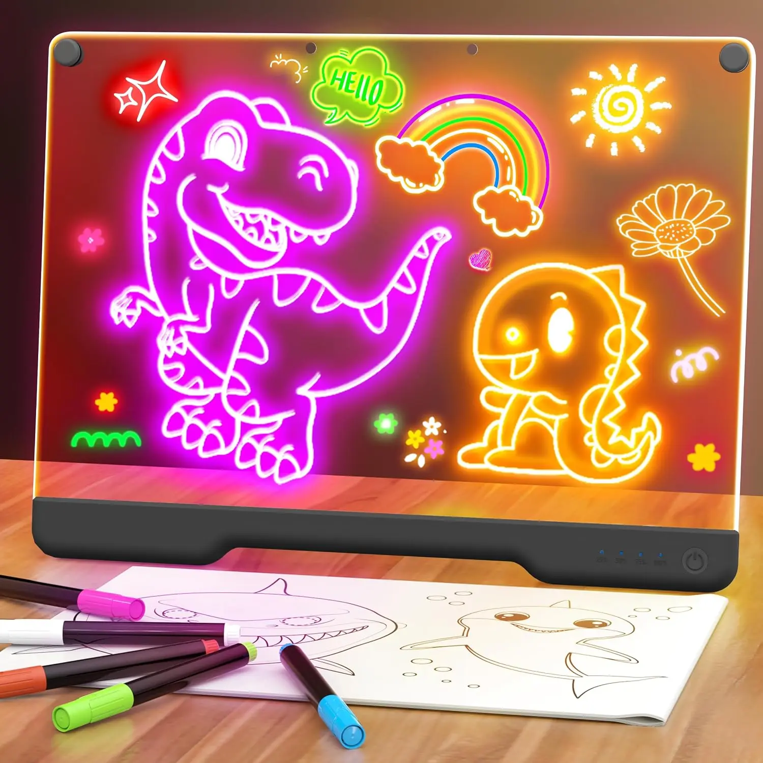 16" Rechargeable LED Drawing Board for Kids - 9 Neon Light Modes Glow Art Dry Erase Board with Stand, 7 Liquid Chalk Markers & Tracing Book, Creative Sketching Gift Toy for Girls, Boys & Teens