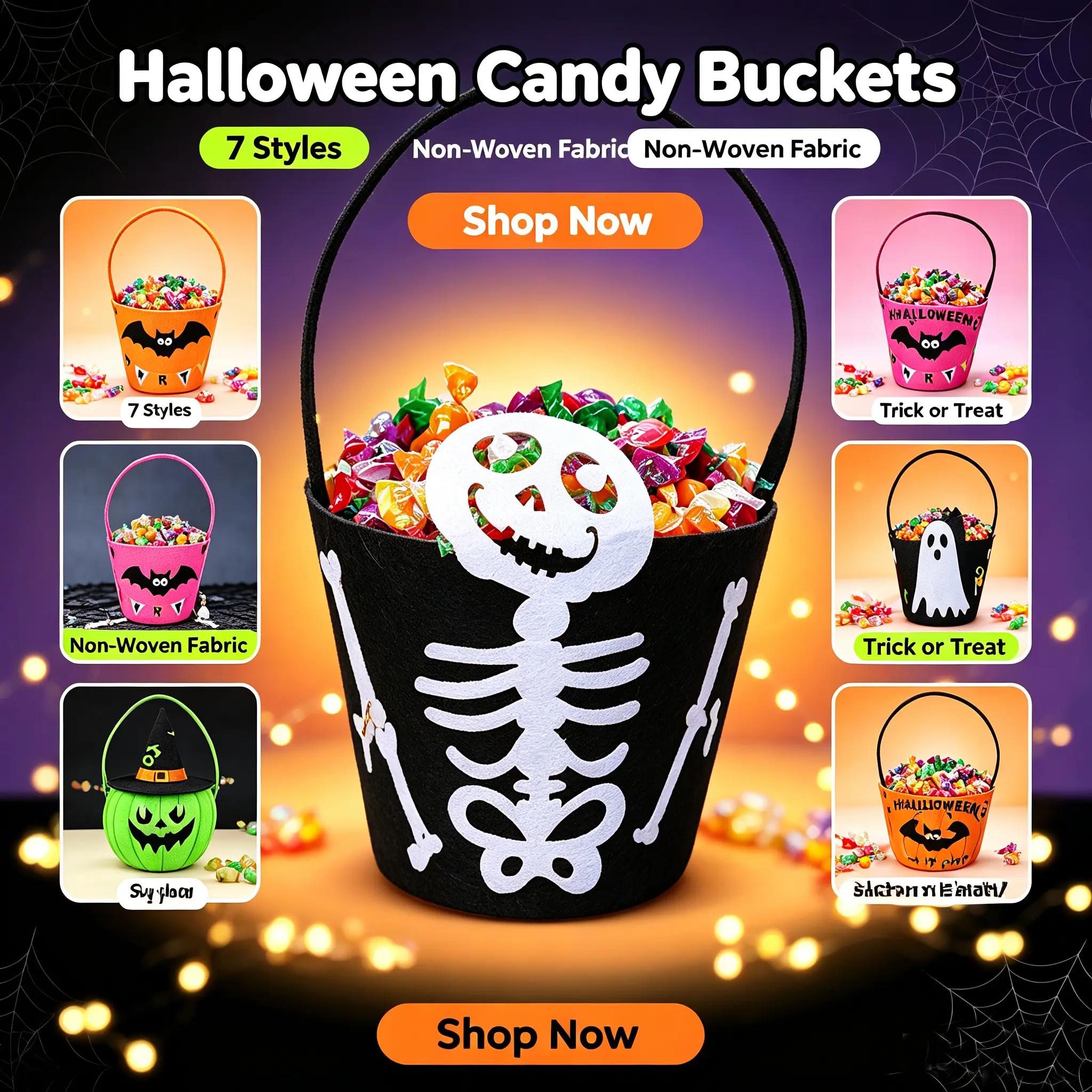Halloween Non-Woven Candy Buckets, Cute Pumpkin Bat Cat Skeleton Spider Trick or Treat Bags, Kids Halloween Party Favor Gift Baskets for Trick-or-Treating, Halloween Decor Party Supplies