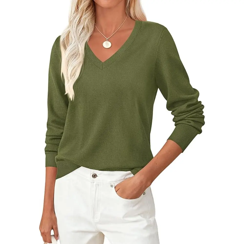 PrettyGarden Women's Long Sleeve V Neck Knit Sweaters Fall Casual Classic Pullover Cozy Tops Loose Basic Winter Clothing