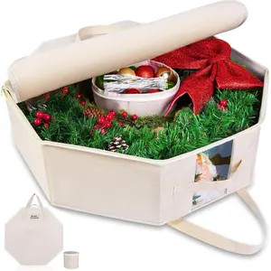 Wreath Storage Hard Shell Christmas Decorations Case Bag with Interior Pockets 600D Oxford Fabric 24 Inch Xmas Container Box for Holiday Zipper and Handles Labeling Card Slot Houndstooth