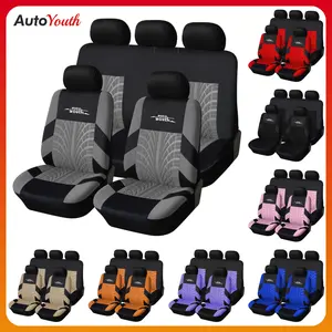 5 Seats Car Seat Covers Universal 1 Set, for Front & Rear Seats, Stylish Polyester Fabric Car Seat Protectors with Embroidered Logo, Airbag Compatible, Fits Most Autos SUVs Vans Trucks, Red Gray Blue Black Car Seat Covers, Car Interior Accessories Outdoor
