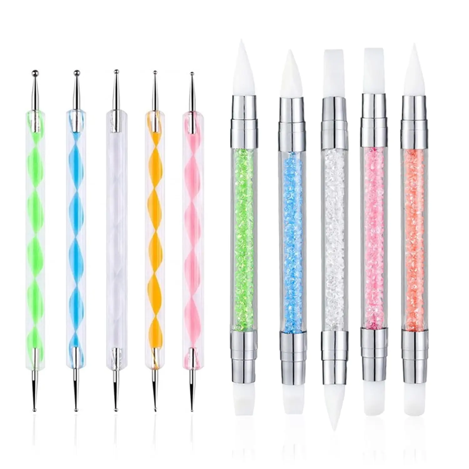 5PCS Dual Tipped Nail Art Sculpture Pen with 5PCS Dotting Pens, Double Ended Brush and Dotting Tool Kit, Nail Art Design Tools (10 Pcs Set)