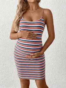 KATHYE Summer Maternity Clothes Dresses Striped Fitted Casual Camisole Pregnancy Bump Friendly