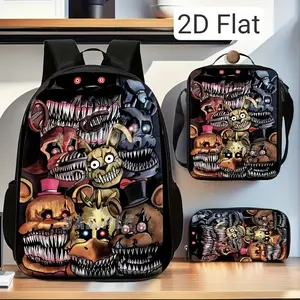 3Pcs "Five Nights at Freddy's" Animatronic Print Backpack Set Durable 600D Oxford Cloth School Bag Insulated Lunch Box & Pencil Case Combo Adjustable Breathable Strap Large Capacity Fits 15in Laptop for Kids Teens School Travel Outdoor Use