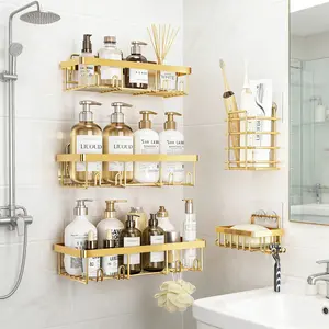 Pink 5-Pack Bathroom Storage Accessories Set - No Drill Quick Install Shower Caddy Rack, Rustproof Waterproof Stick-On Organizer with Toothbrush Soap Holder, Large Capacity Space-Saving for Bathroom Kitchen Toilet Countertops Hollow