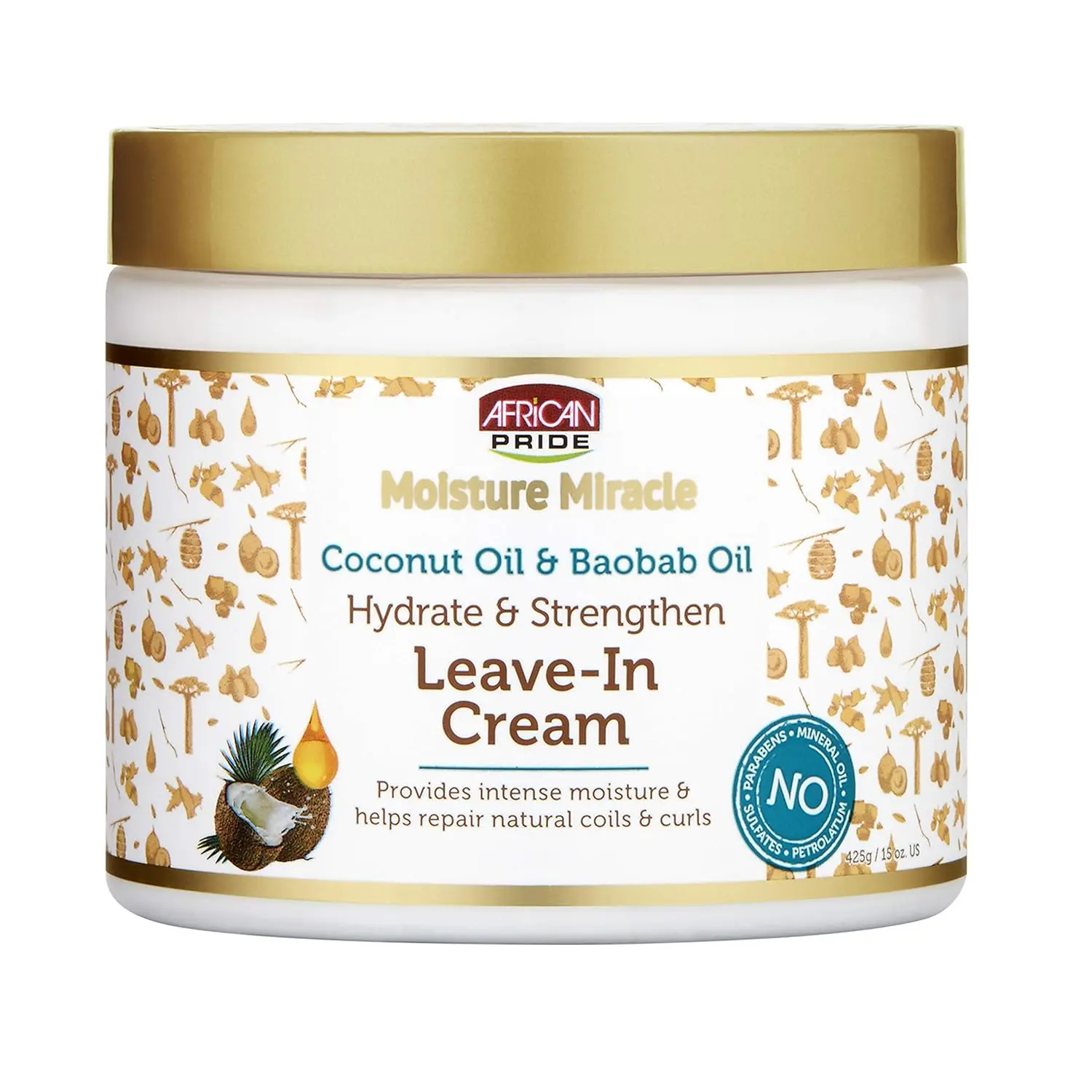 African Pride Moisture Miracle Leave-In Cream, Daily Haircare for Frizz Control & Hydration with Coconut & Baobab Oil, Defines African Curls & Coils, 15 oz, Lightweight, Curly Locks, Define Curls, 15Oz, Coconut Oil, Daily Apply