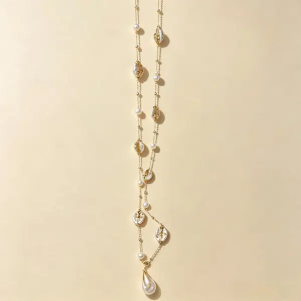 Baroque Pearl & Gold Leaf Long Lariat Chain Necklace, Statement Wear Jewelry for Special Occasions