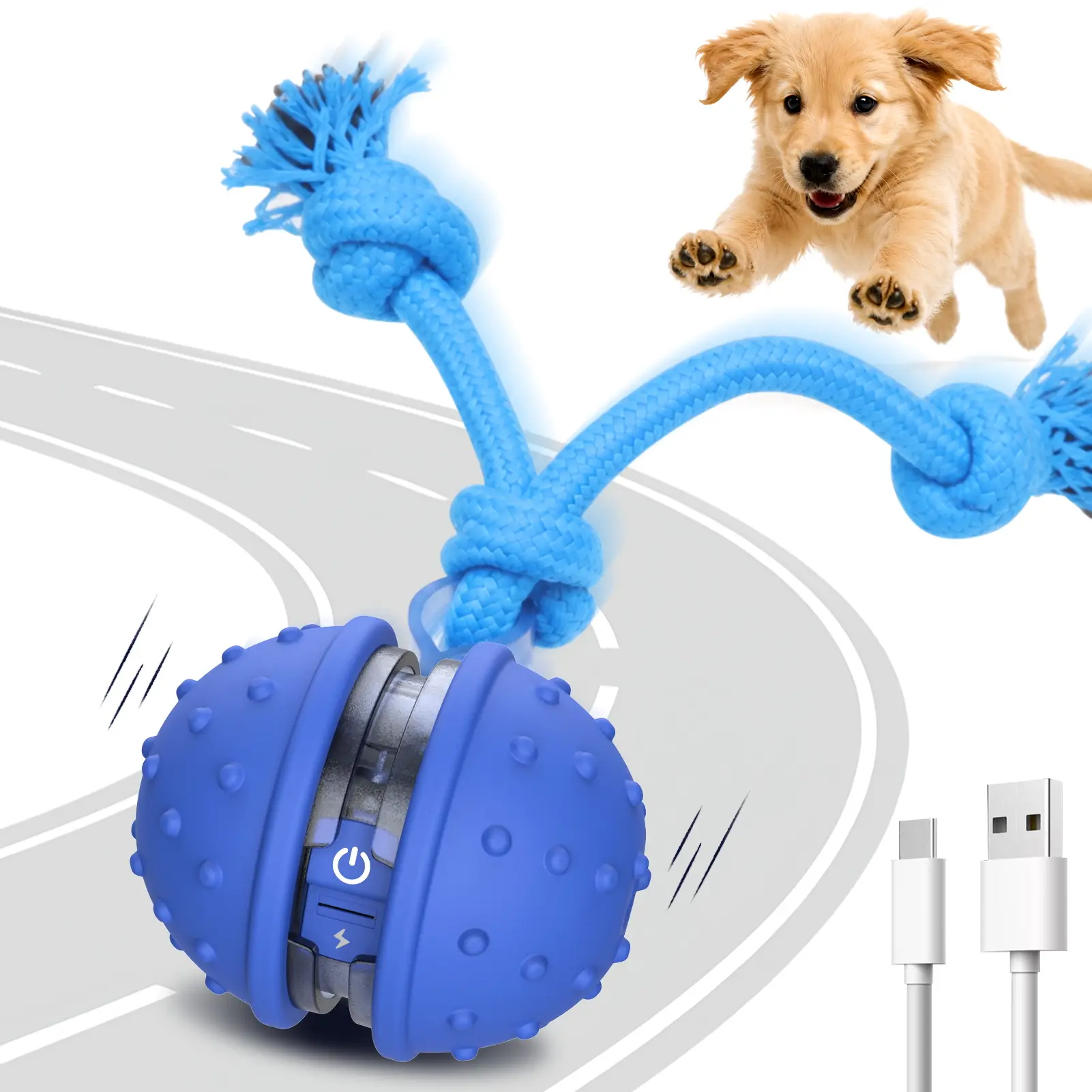 BENTOPAL Interactive Rolling Dog Toy with Knotted Rope, Auto Sensor Activated Dual Wheels Pet Chew Toy, 3 Working Modes Floor Safe Dog Enrichment Toy for Hard Floors & Short Carpet