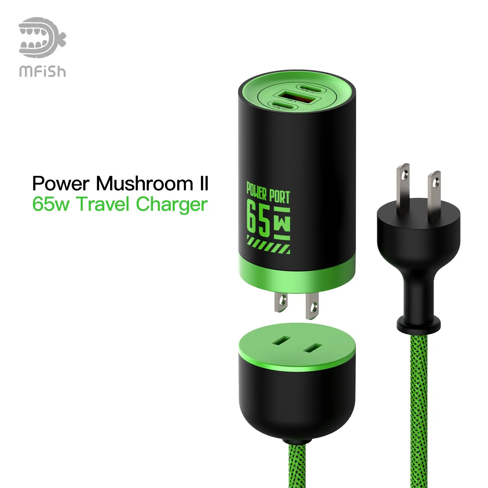 mfish Power Mushroom II 65W GaN Travel Charger with 5ft Nylon Extension Cord&Adapter Fast Wall Charger for MacBook, iPhone 15/16, iPad, Samsung laptop
