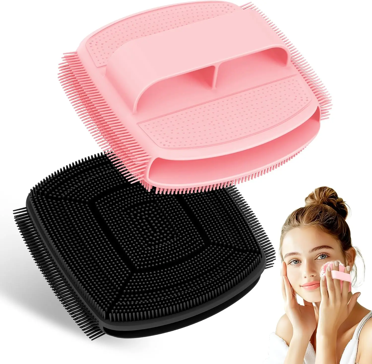 Upgrade Silicone Face Scrubber 2PCS, Soft Facial Cleansing Brush with Unique Side-Bristle Design, Manual Face Brush with Finger-Grip Handle for Gentle Exfoliating & Deep Cleansing(Black+Pink)