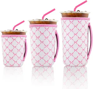 Neoprene Cup Sleeve with Handle -  3-Pack Iced Coffee Cup Sleeve for Cold Drinks,  Bow Design, Party Drink Decor, Temperature Control