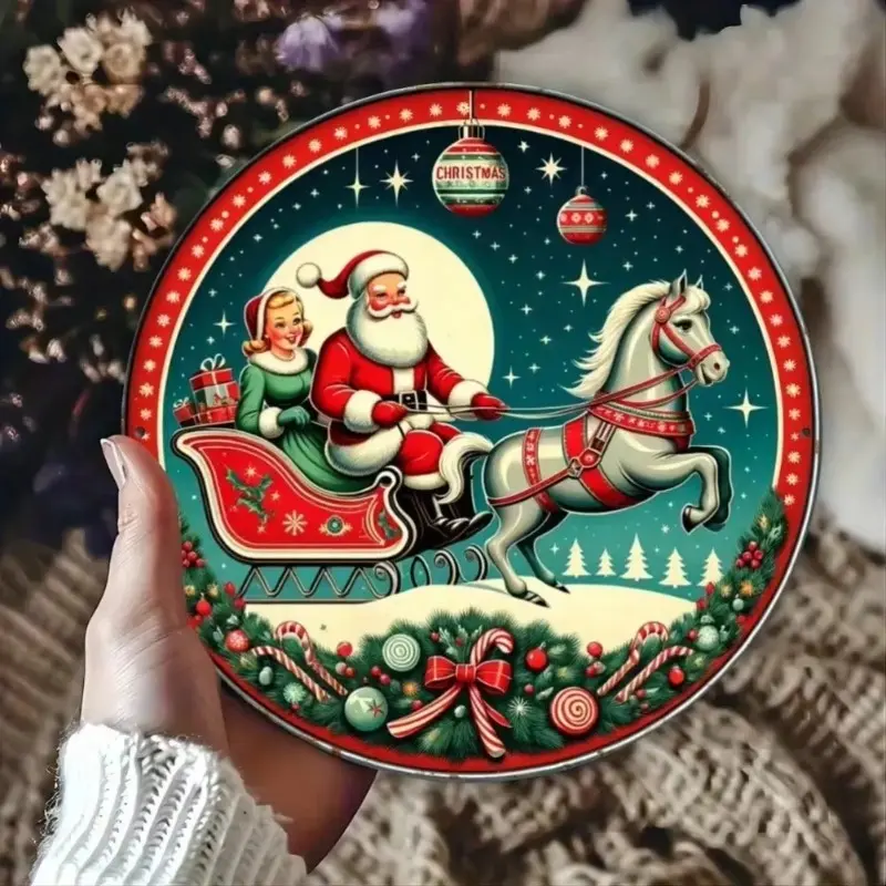 Aluminum Vintage Santa Sleigh Ride Holiday Wall Art for Christmas Home Decor Living Room Bathroom Sign