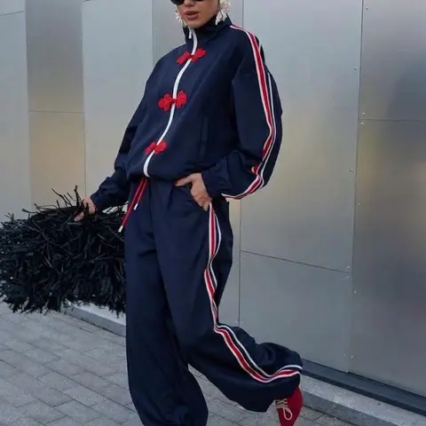 Women's Modern Chinese Style 2-Piece Clothes Set - Red Bow Detail Zip-Up Long Sleeve Jacket, Baggy Wide-Leg Pants, Stripe-Accented Y2K Retro Oversized Track Co-Ord for Activewear (2-Piece Sets Included), Two Piece Sets, Clothes For Women