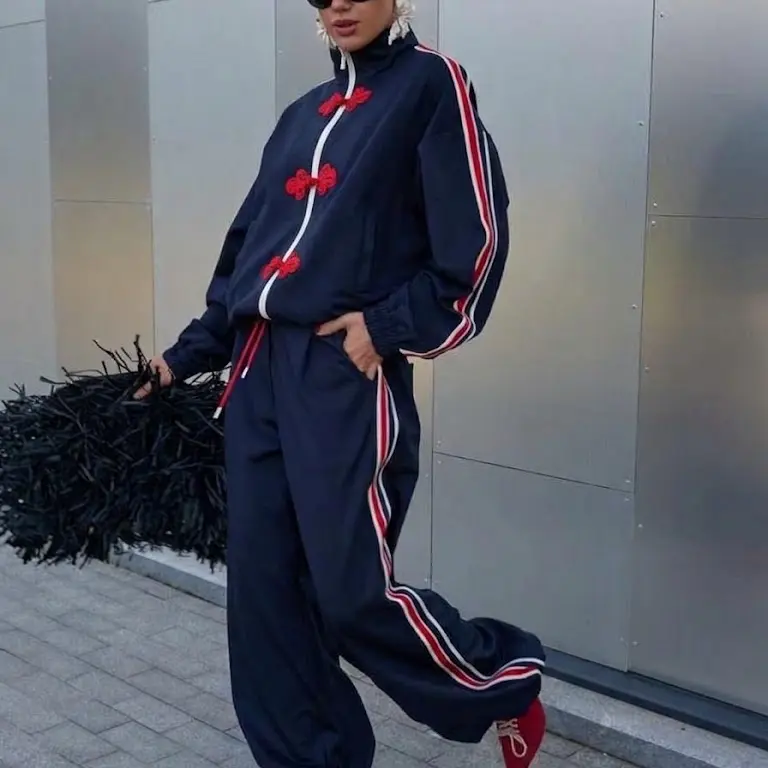 Women's Modern Chinese Style 2-Piece Clothes Set - Red Bow Detail Zip-Up Long Sleeve Jacket, Baggy Wide-Leg Pants, Stripe-Accented Y2K Retro Oversized Track Co-Ord for Activewear (2-Piece Sets Included), Two Piece Sets, Clothes For Women