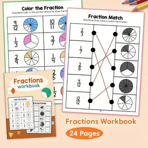 Fraction Practice Book, Colorful Math Workbook with Fun Simple Learning Activities, Visual Learning Tools, Learning Materials, English Language, Paper Material, Includes Answer Key