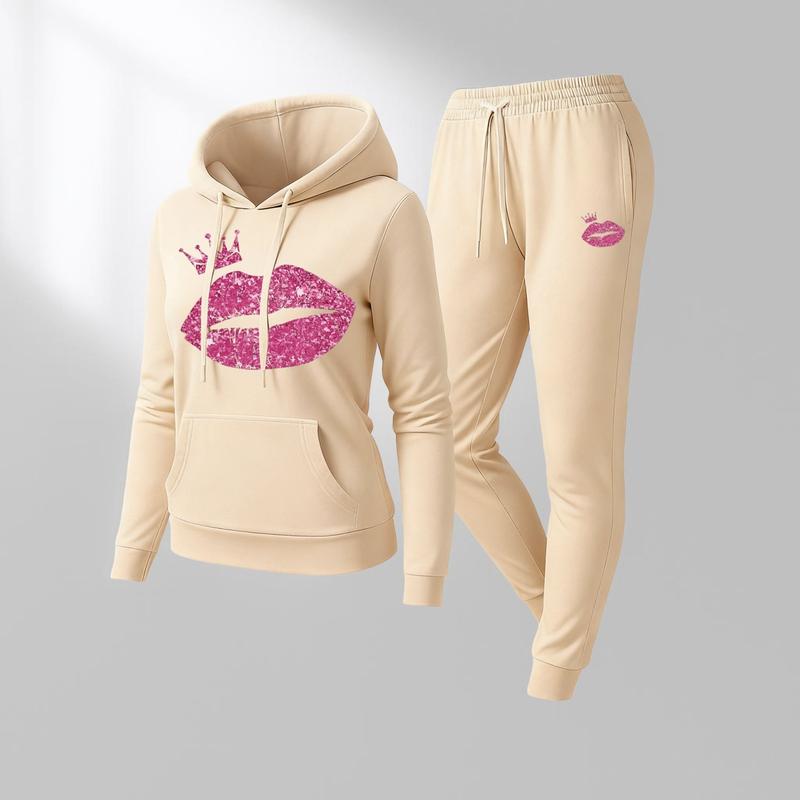 Women's Lip Crown Print Hoodie And Drawstring Track Pants Set, Casual Sportswear, Long-Sleeved Hooded Jacket And Pants, Suitable For Autumn And Winter, Everyday Wear, Indoor And Outdoor Sportswear, Casual Sportswear.