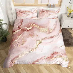 Marble Quilt Cover,Pastel Pink Gold Marble Pattern Duvet Cover,Golden Cracked Lines Colorful Liquid Art Bedspread Cover,No Comforter