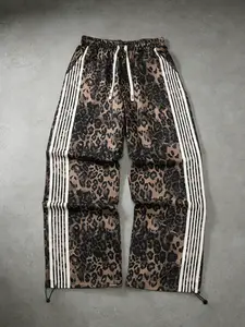 Men's Leopard Print Side Striped Hip Hop Streetwear Wide Leg Pants, Loose Fit Y2K Street Style Long Trousers, Casual Fashion Pants