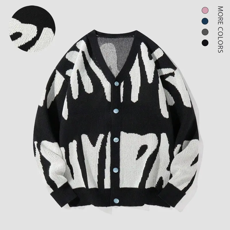 SAND SOUND Men's Oversized V-Neck Graphic Letter Jacquard Knit Cardigan - Long Sleeve Button-Down Oversized Sweater, Loose Soft Warm Casual Top for Fall Winter Streetwear, XL Size Option